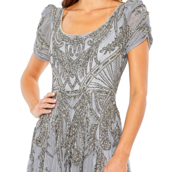 Mac Duggal 5434 Short Sleeve Silver Slate Blue Beaded Tea Length Dress Sz 8 NWT - Picture 2 of 14